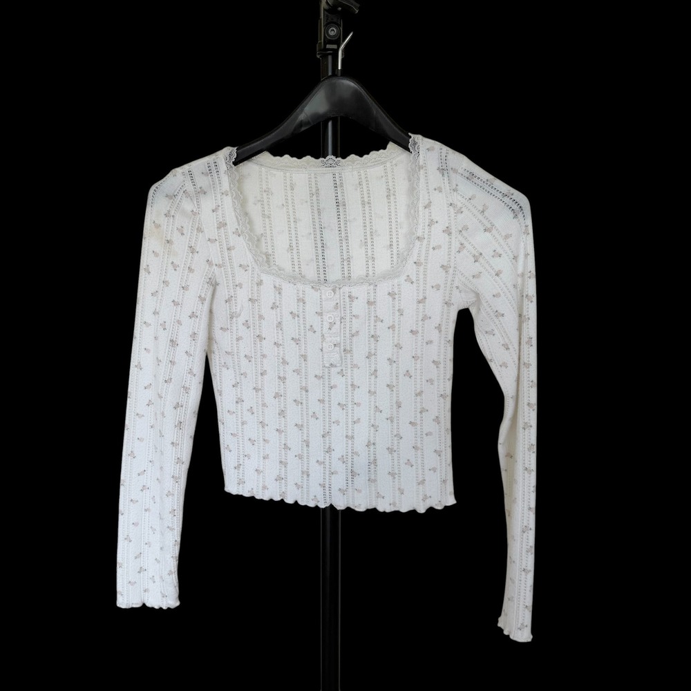 Y2K Coquette Floral Pointelle Lace Trim Long Sleeve Baby Top Square Neck Small